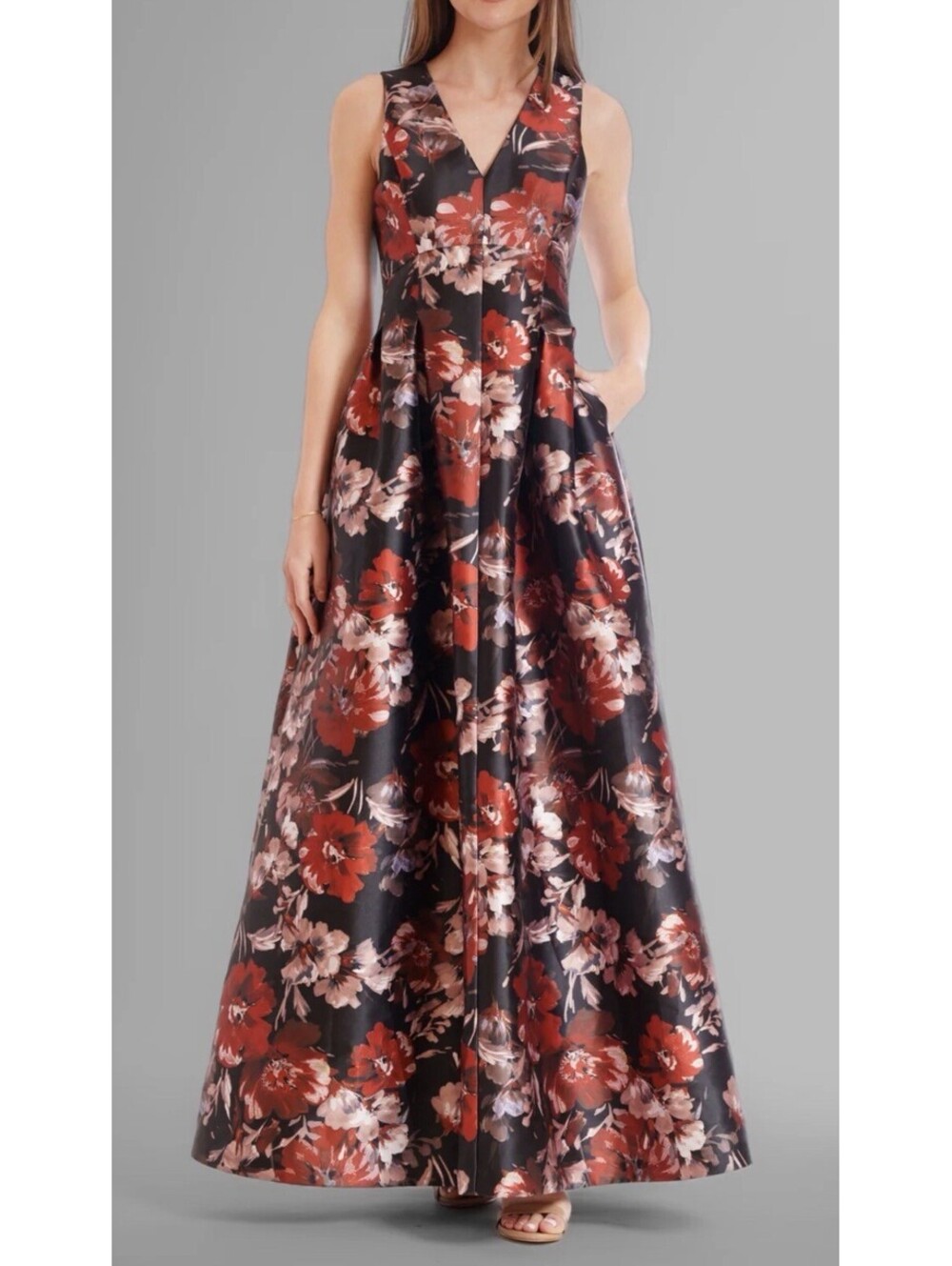 New Julia Jordan Sleeveless Floral Mikado Print V-Neck A-Line Gown Size 8 $328
